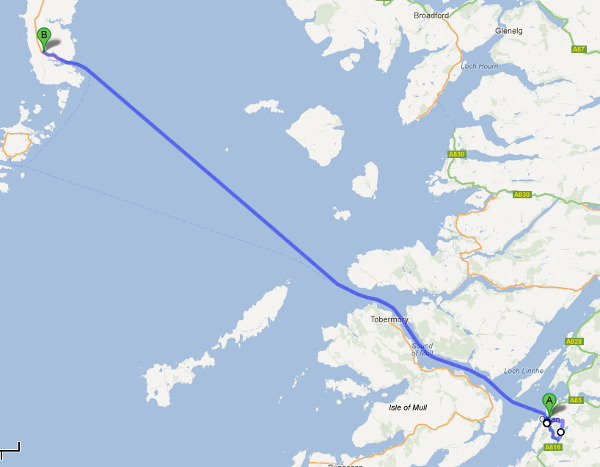 Sträckningen för dag 3 av Skottlandsresan. En liten tur kring Oban och sedan mest färja.