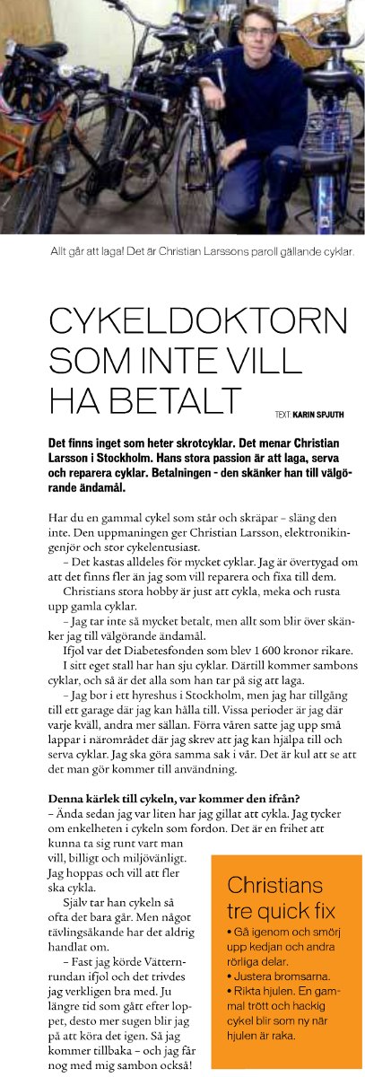 Jag är med i tidningen Cykla, nr 2/2011. Tack till tidningen för att jag fick vara med på ett hörn!